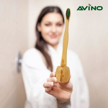 Picture of Avino Natural bamboo toothbrush (assorted) & wooden brush holder, Sustainable Alternative to Plastic Containers.