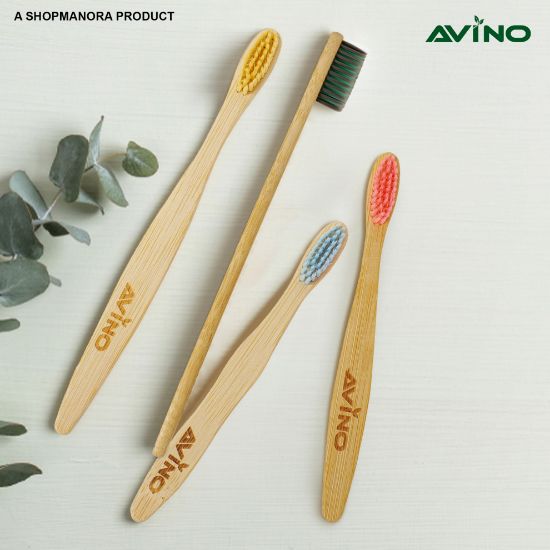 Picture of Avino 100%  natural wooden toothbrushes with flat handle (2 Adults+2 Kids) 
