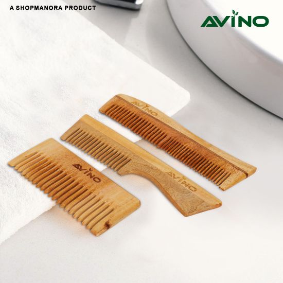 Picture of Avino 100% PURE NATURAL NEEM WOOD COMBS #HANDLE#BINA CURVE#POCKET#COMBO OF 3 COMBS